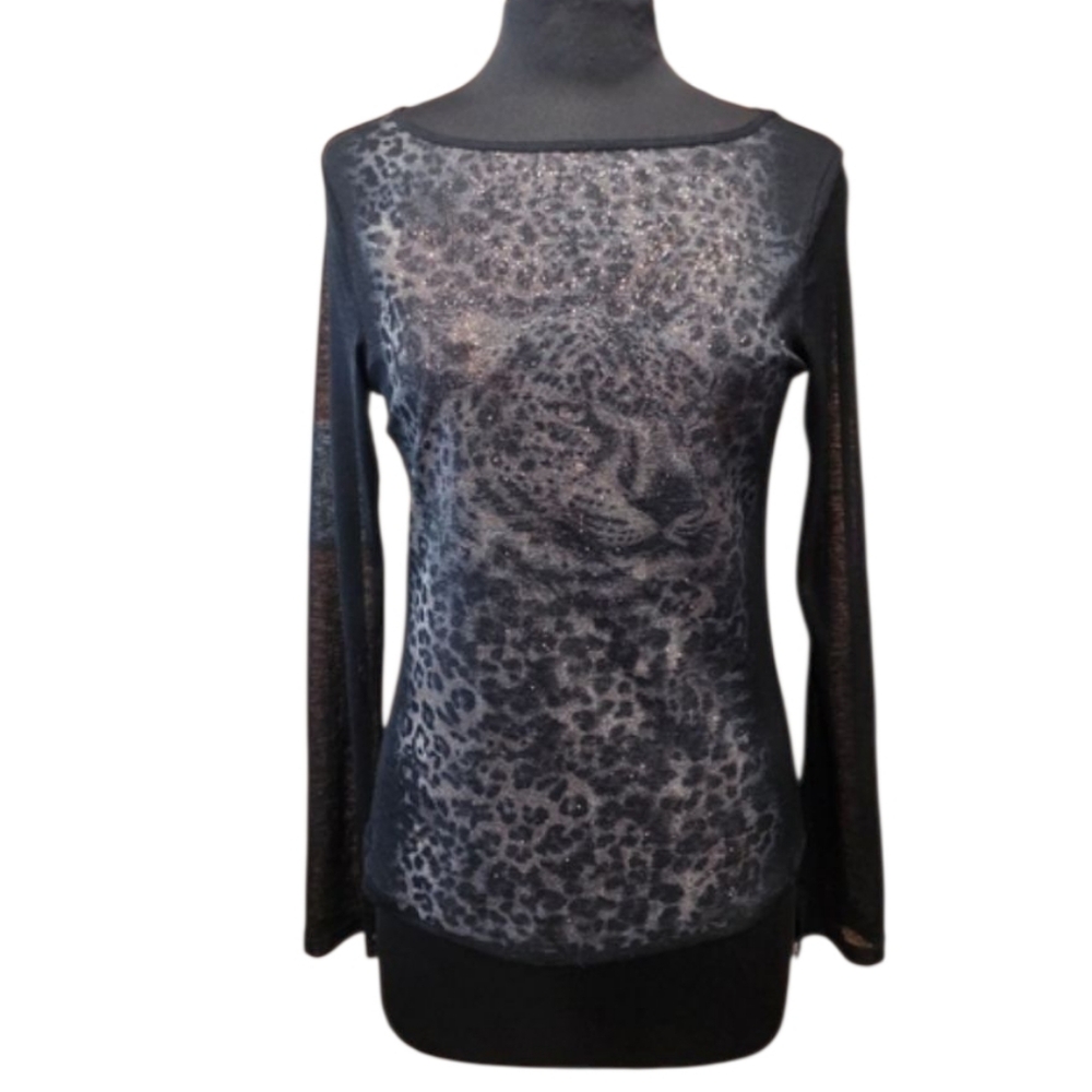Y2K Euro Mesh Top M? Vintage Black Sheer Leopard Long Sleeve Glitter McBling